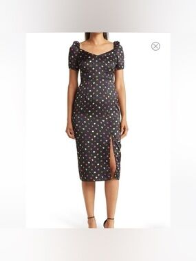 Sam Edelman Stamped Dot Puff Sleeve Midi Dress Black Multi Size 4 NWT